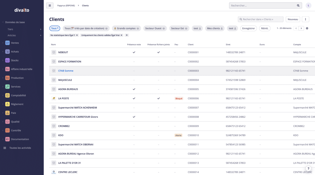 Vue clients dans l'ERP