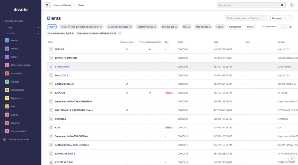 Vue clients dans l'ERP