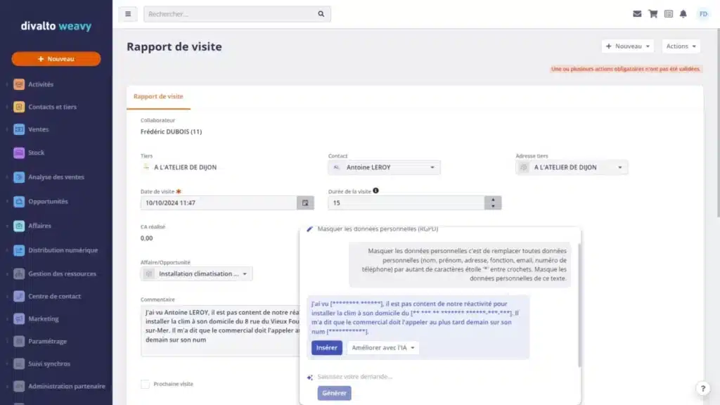 rapport de visite assisté par l'IA dans divalto weavy